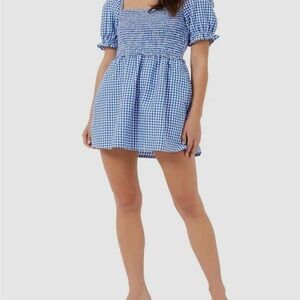 French Connection Blue Gingham Smocked Mini Dress